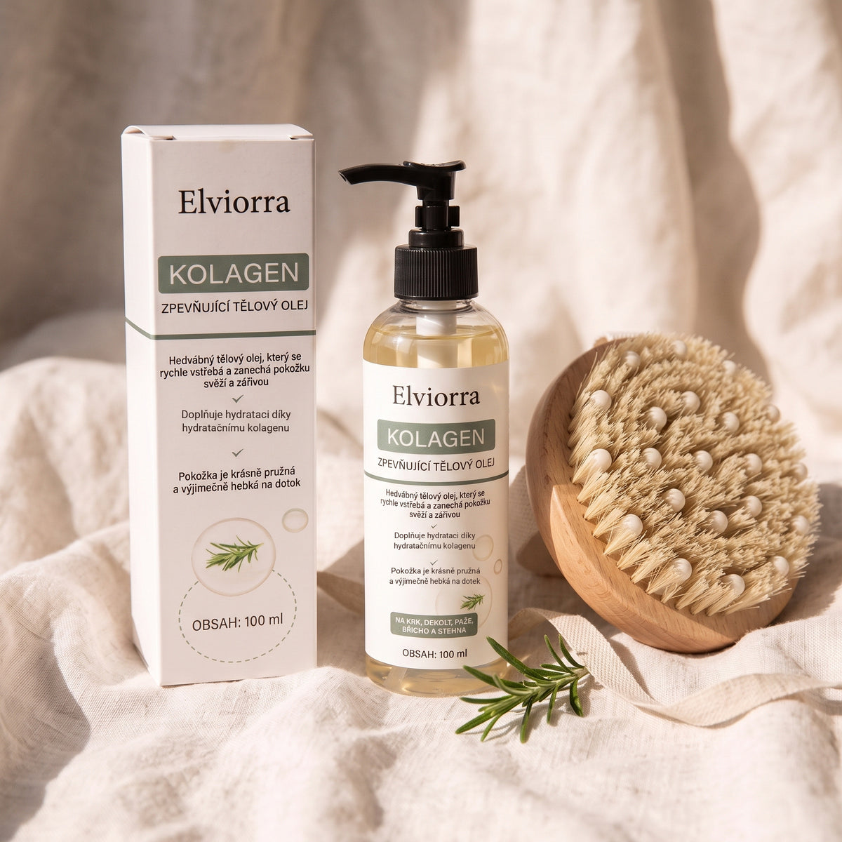 Elviorra – dárkový set: kolagenový zpevňující tělový olej 100 ml a lymfatický kartáč na břicho